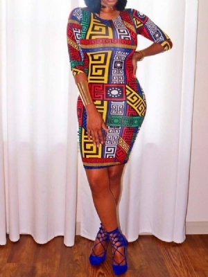 Vestido Feminino Africano Com Gola Redonda E Cintura Média