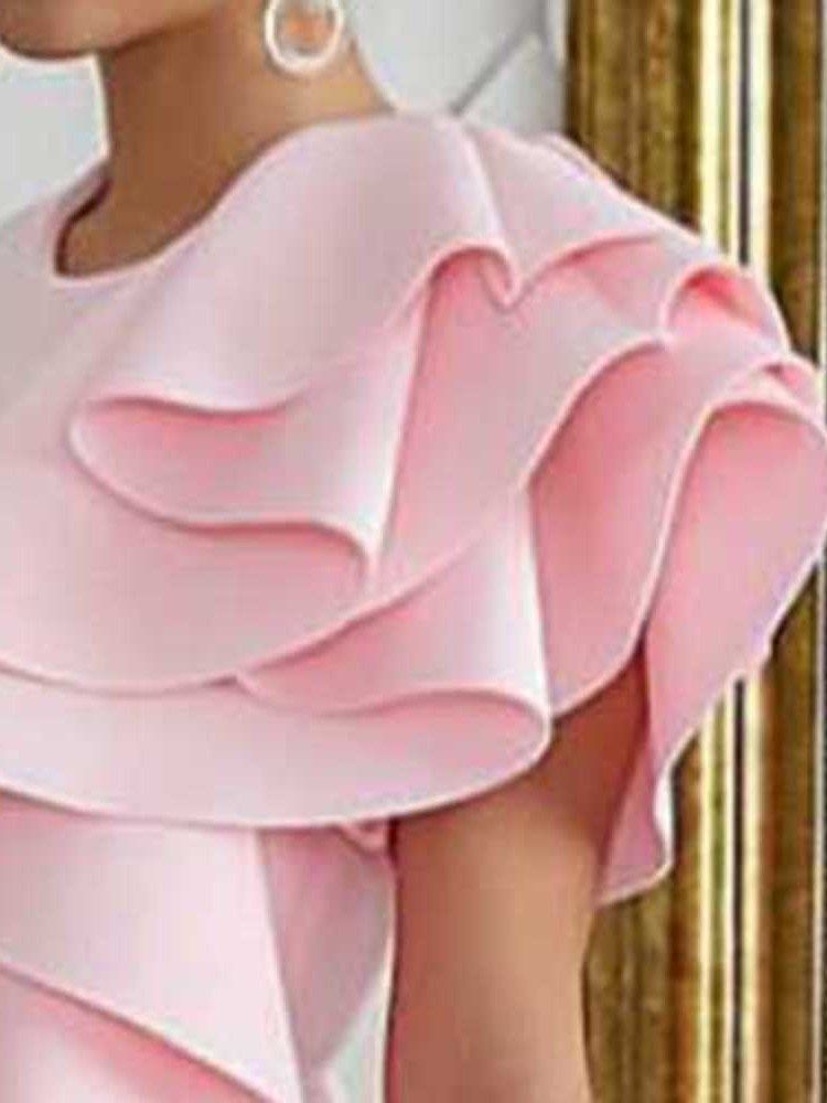 Vestido Feminino Assimétrico Em Torno Do Pescoço Manga Meia Canela E Cintura Média