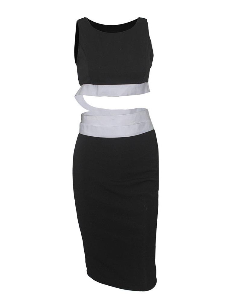 Vestido Feminino Bodycon Color Block Sexy Patchwork Sem Mangas