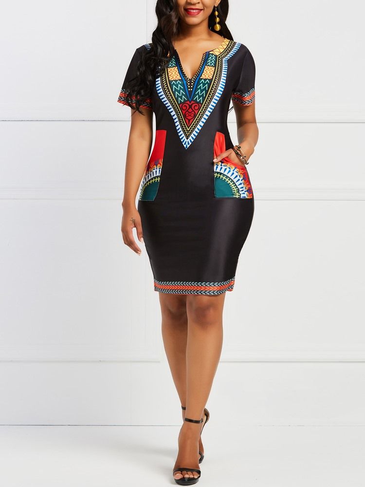 Vestido Feminino Bodycon Geométrico Étnico Africano