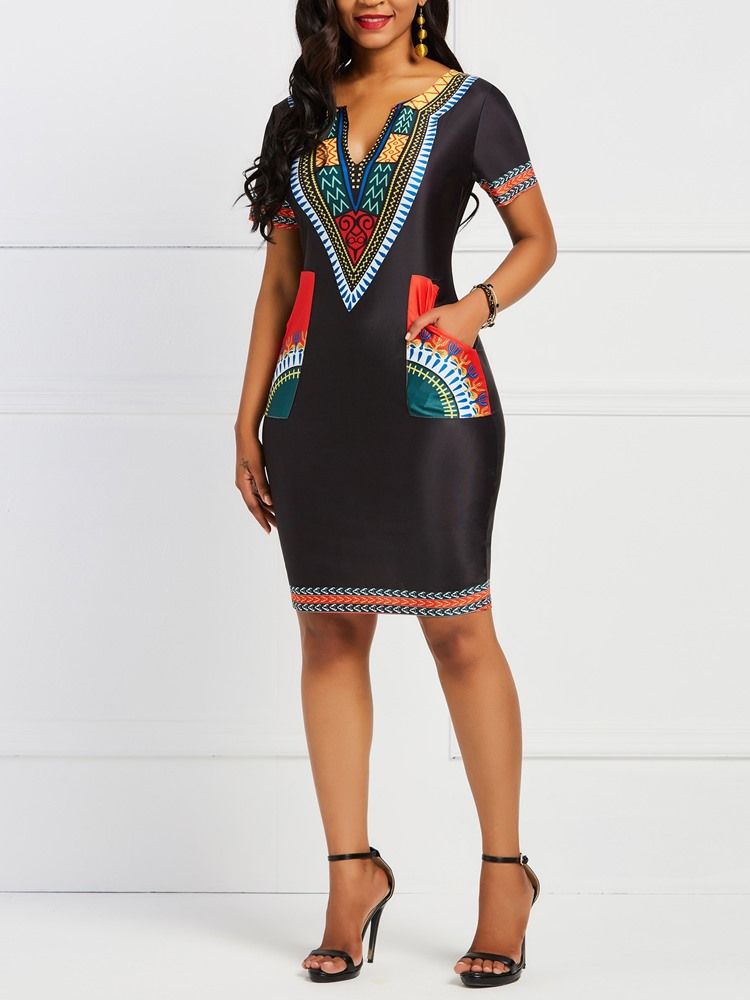 Vestido Feminino Bodycon Geométrico Étnico Africano