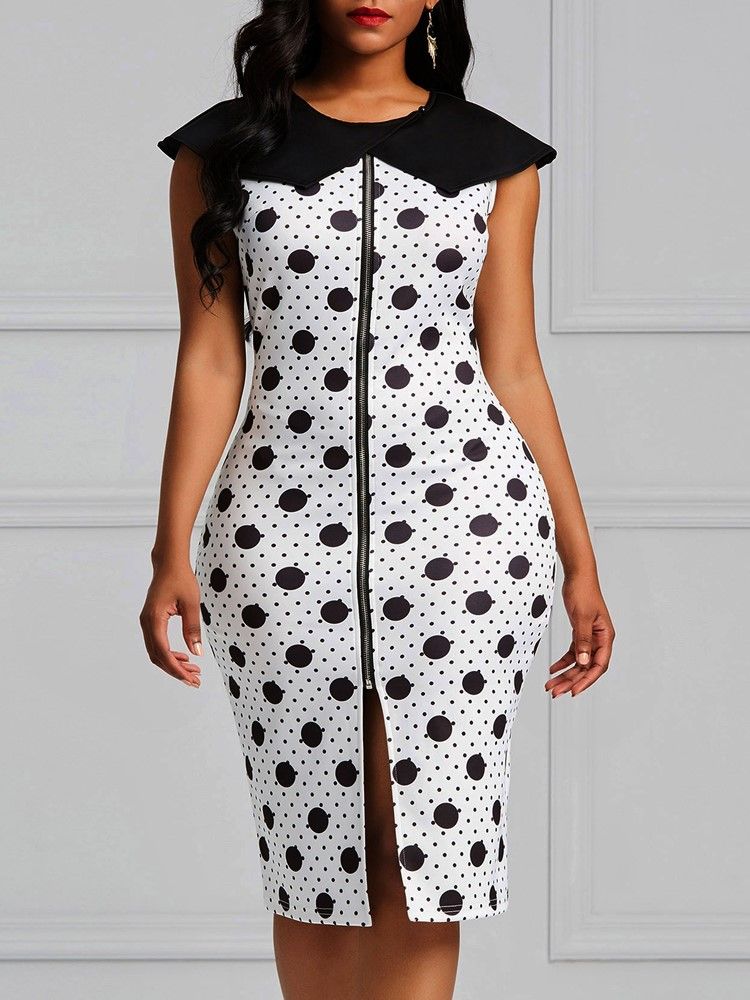 Vestido Feminino Bodycon Polka Dots Zipper