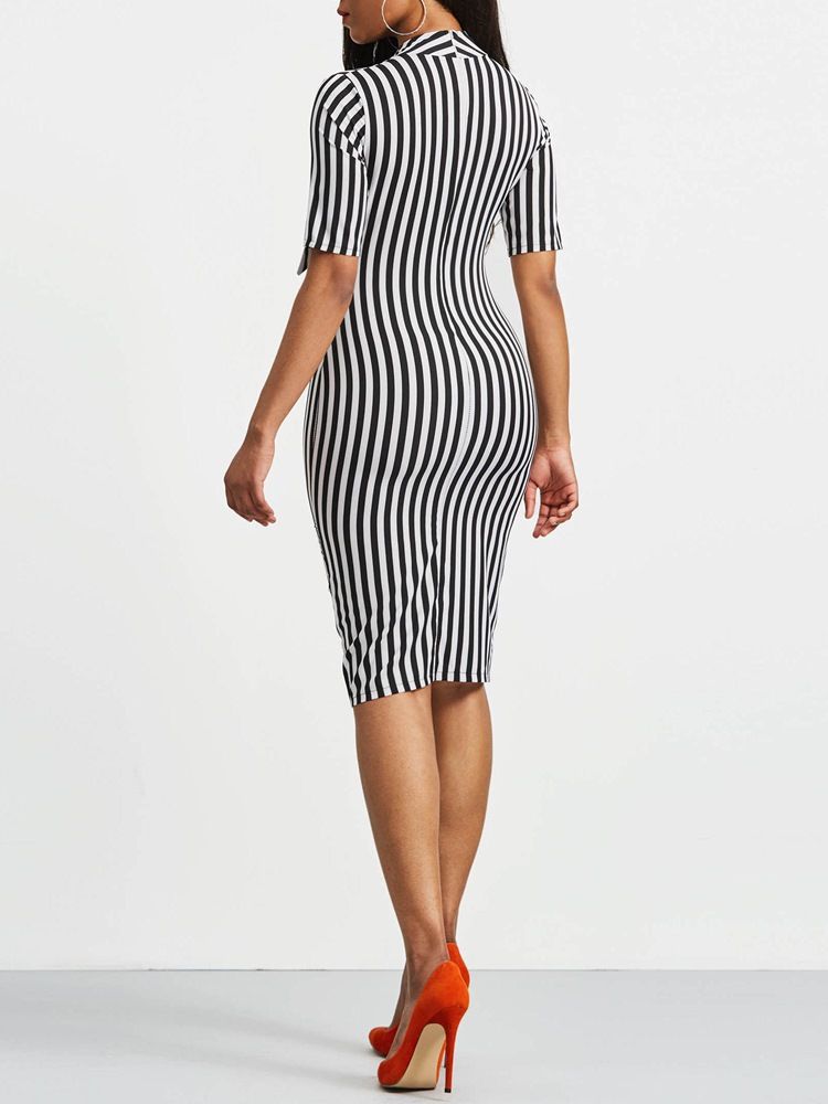 Vestido Feminino Bowknot Bow Collar Stripe Bodycon