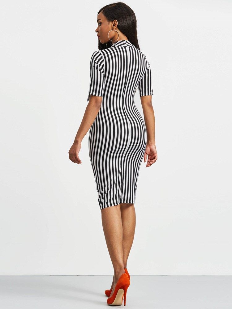 Vestido Feminino Bowknot Bow Collar Stripe Bodycon