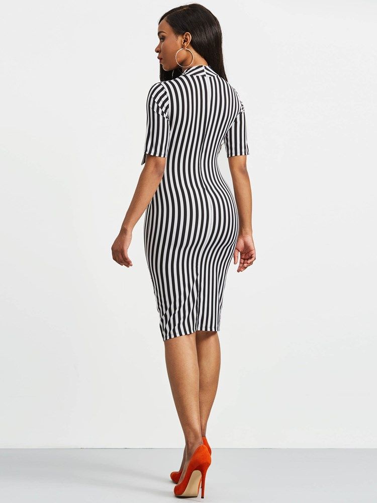 Vestido Feminino Bowknot Bow Collar Stripe Bodycon