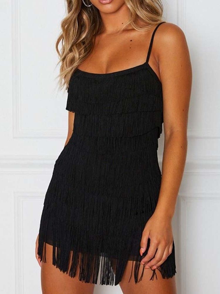 Vestido Feminino Com Borla Sem Mangas Acima Do Joelho Sexy Com Alça Espaguete