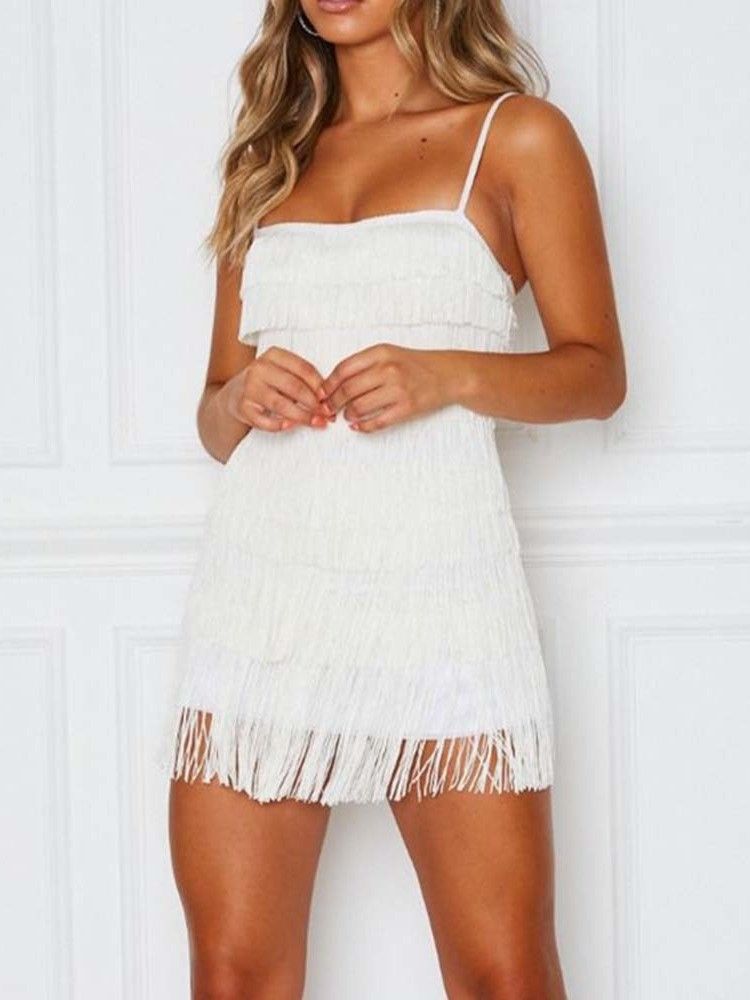 Vestido Feminino Com Borla Sem Mangas Acima Do Joelho Sexy Com Alça Espaguete