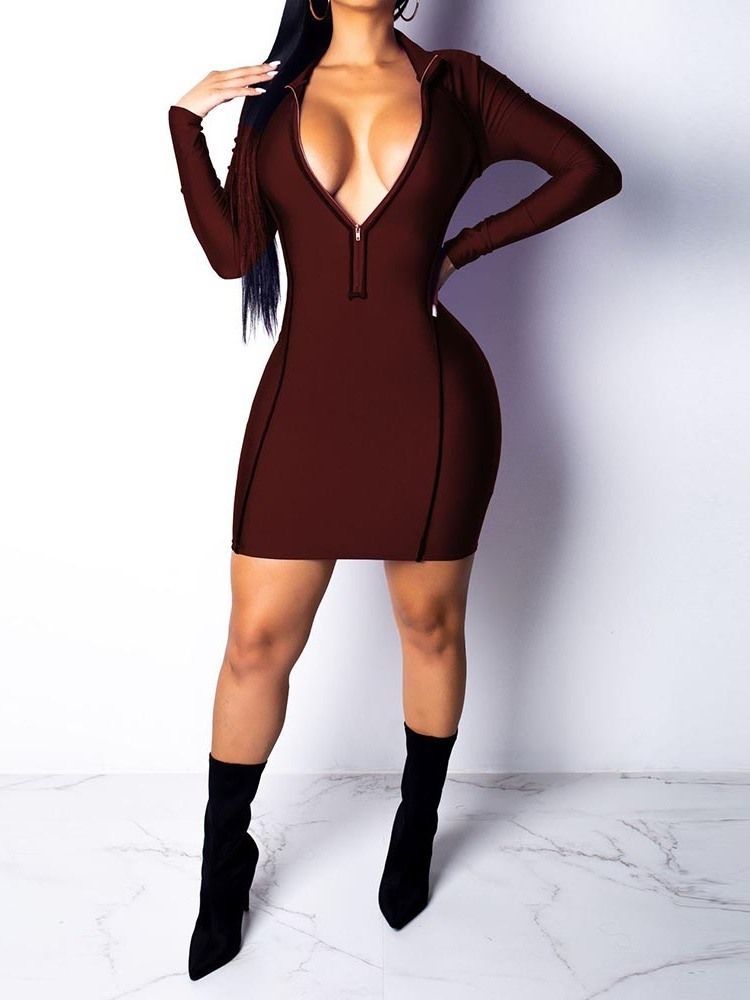 Vestido Feminino Com Decote Em V Manga Longa Acima Do Joelho Sexy Bodycon