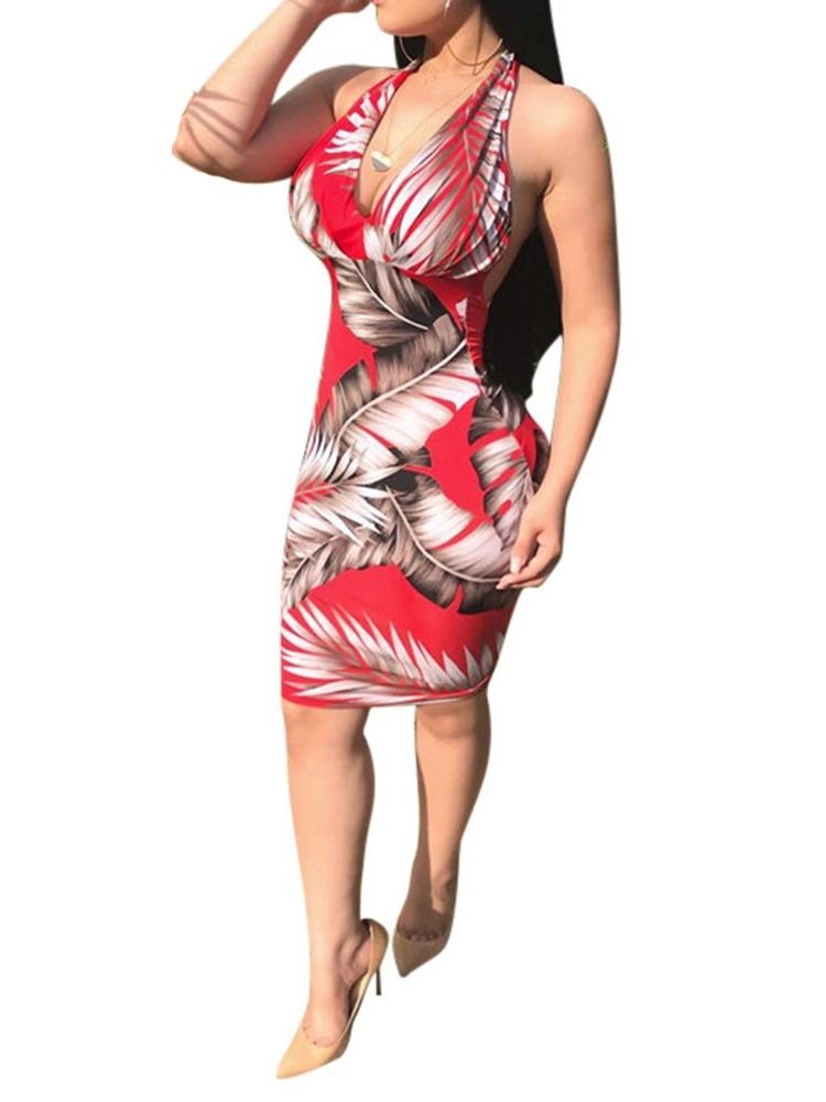 Vestido Feminino Com Decote Em V Sem Mangas Estampado Com Cintura Padrão Bodycon