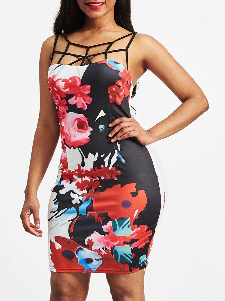 Vestido Feminino Com Estampa Floral De Alça Espaguete Sem Costas Bodycon