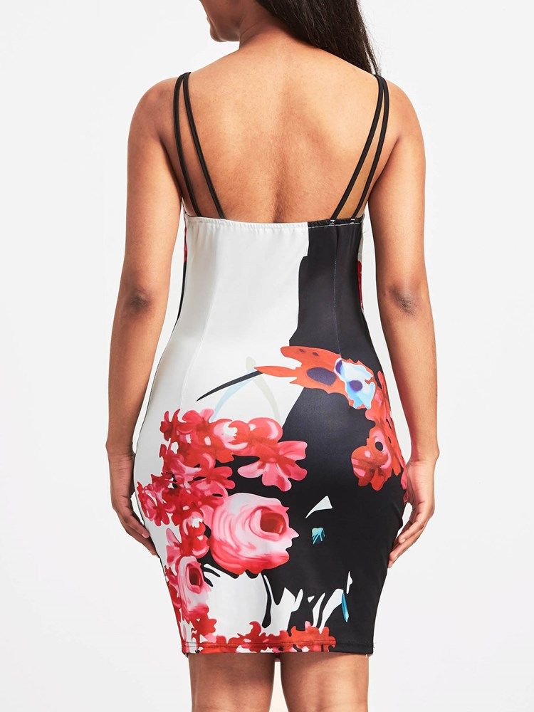 Vestido Feminino Com Estampa Floral De Alça Espaguete Sem Costas Bodycon