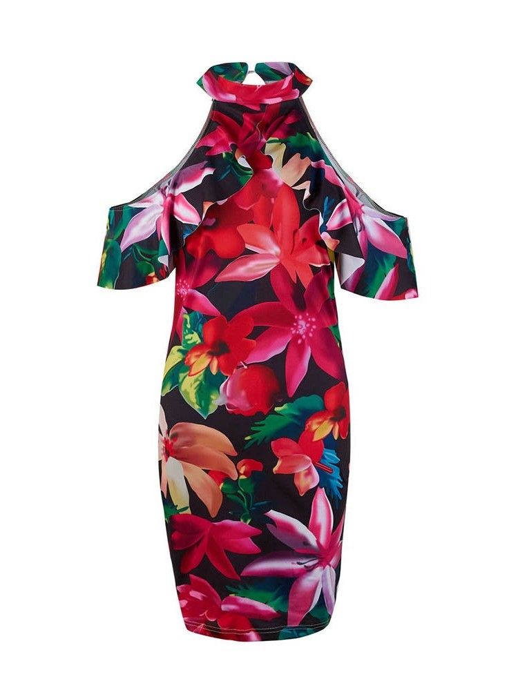 Vestido Feminino Com Estampa Floral De Ombro Frio Acima Do Joelho