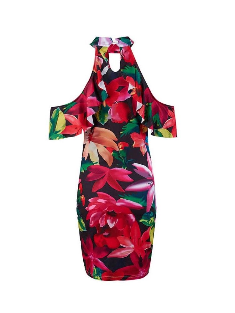 Vestido Feminino Com Estampa Floral De Ombro Frio Acima Do Joelho