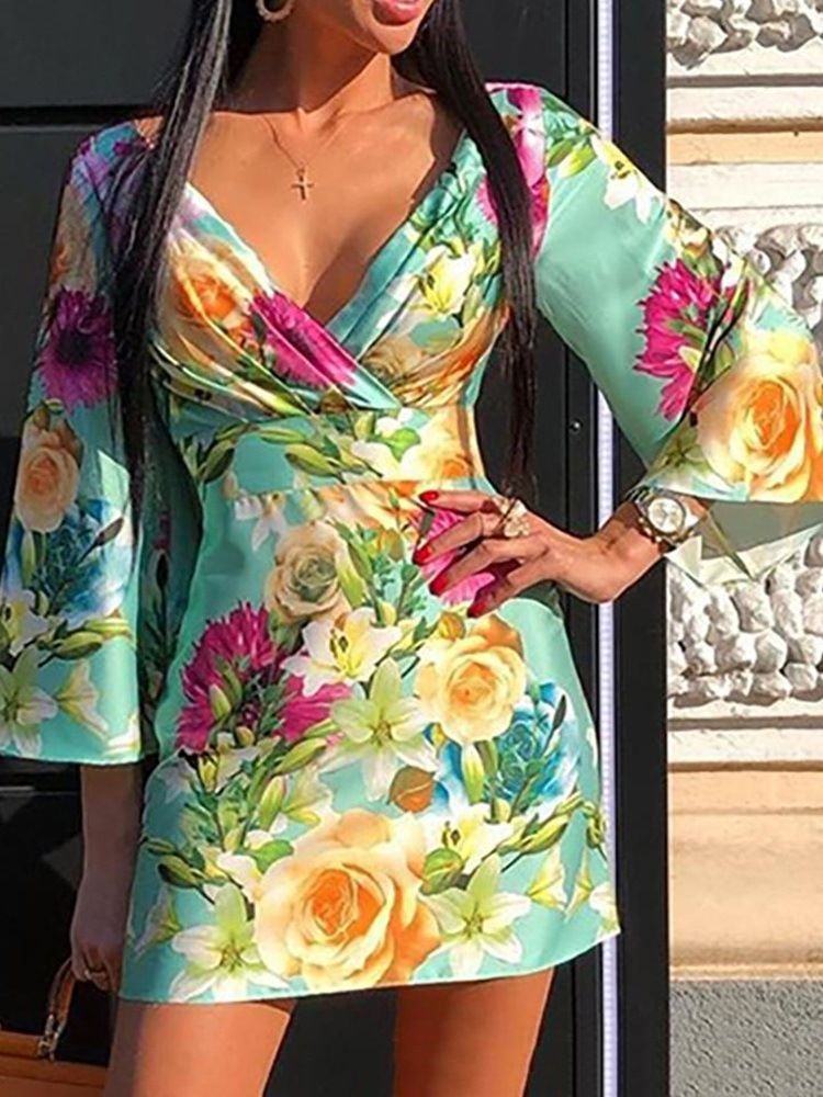 Vestido Feminino Com Estampa De Manga Nove Pontos Com Decote Em V Bodycon Floral