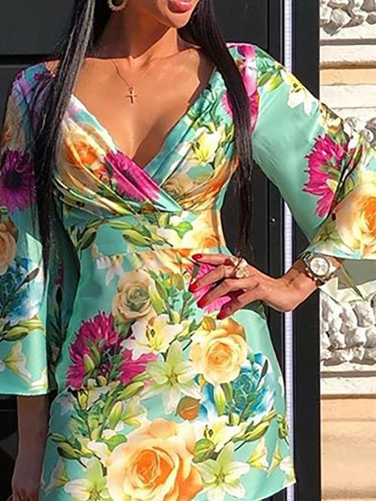 Vestido Feminino Com Estampa De Manga Nove Pontos Com Decote Em V Bodycon Floral