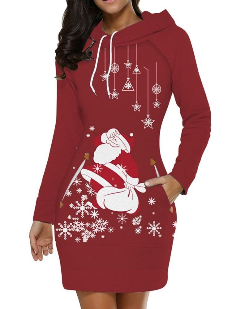 Vestido Feminino Com Estampa De Natal Acima Do Joelho Manga Comprida Em Linha A De Inverno