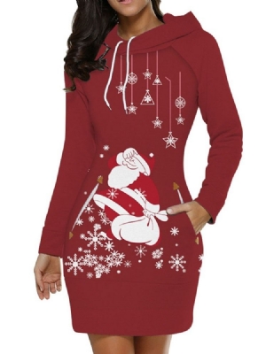 Vestido Feminino Com Estampa De Natal Acima Do Joelho Manga Comprida Em Linha A De Inverno