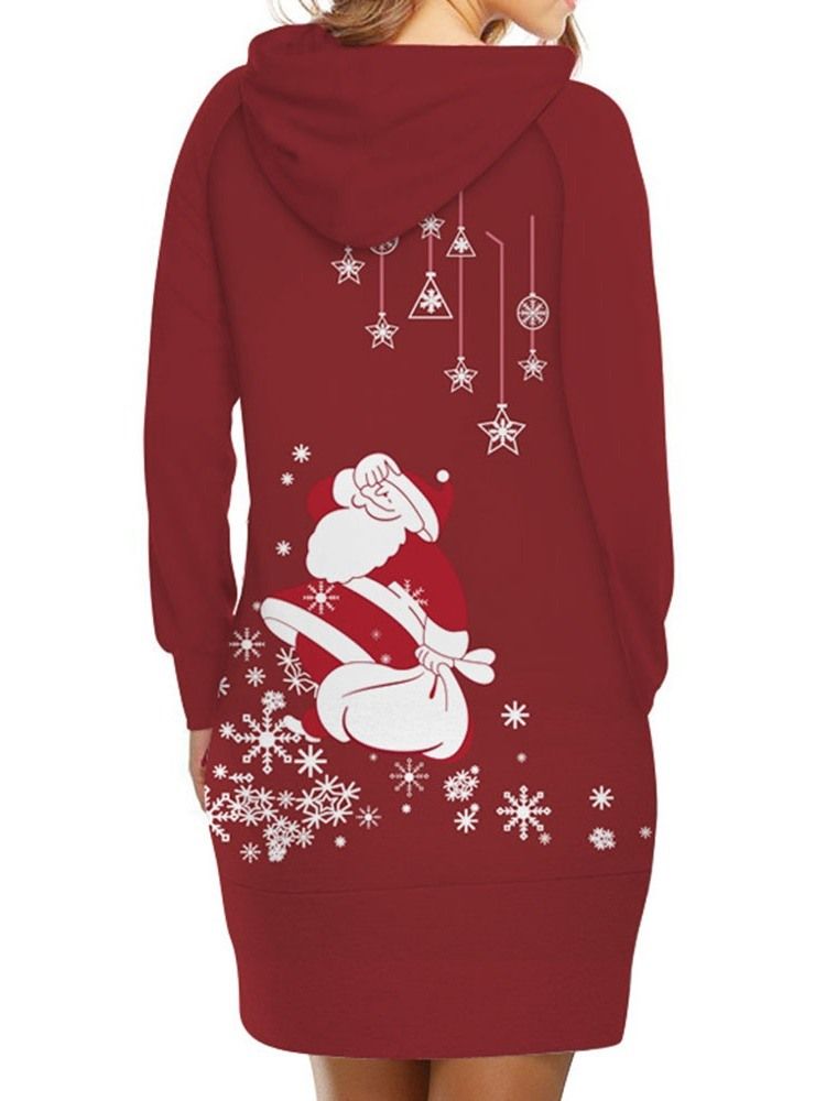 Vestido Feminino Com Estampa De Natal Acima Do Joelho Manga Comprida Em Linha A De Inverno