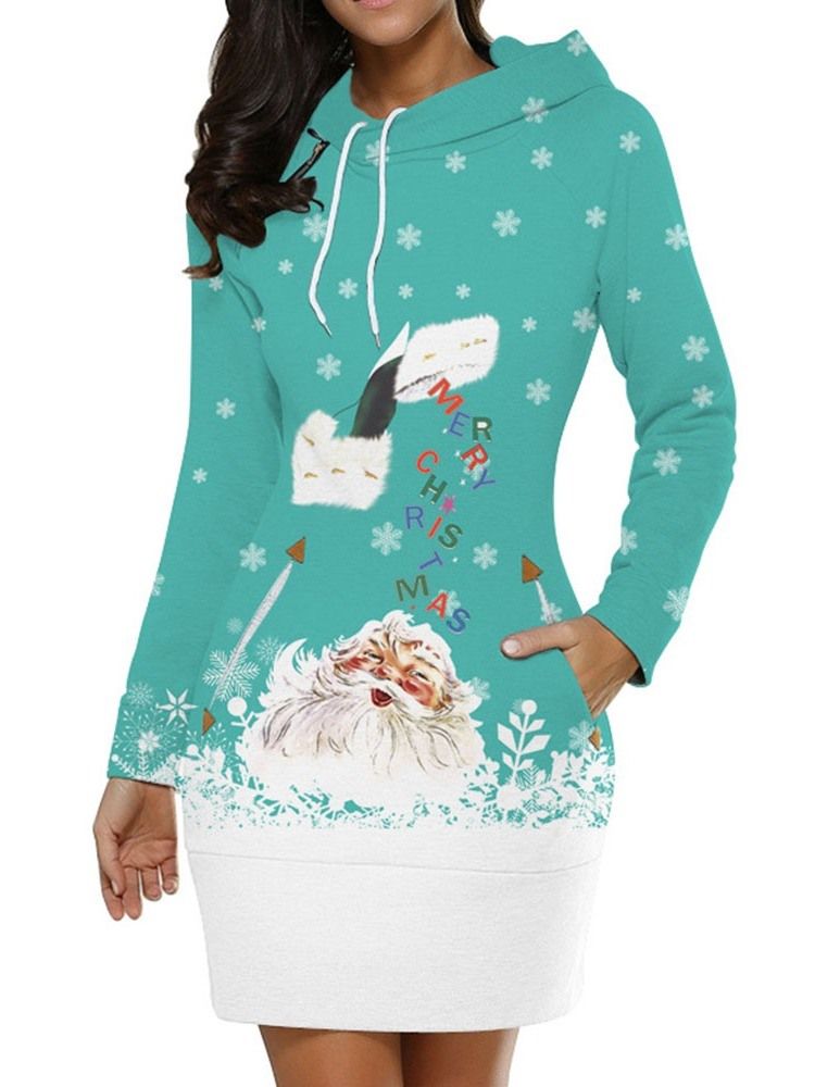 Vestido Feminino Com Estampa De Natal Acima Do Joelho Manga Comprida Em Linha A De Inverno