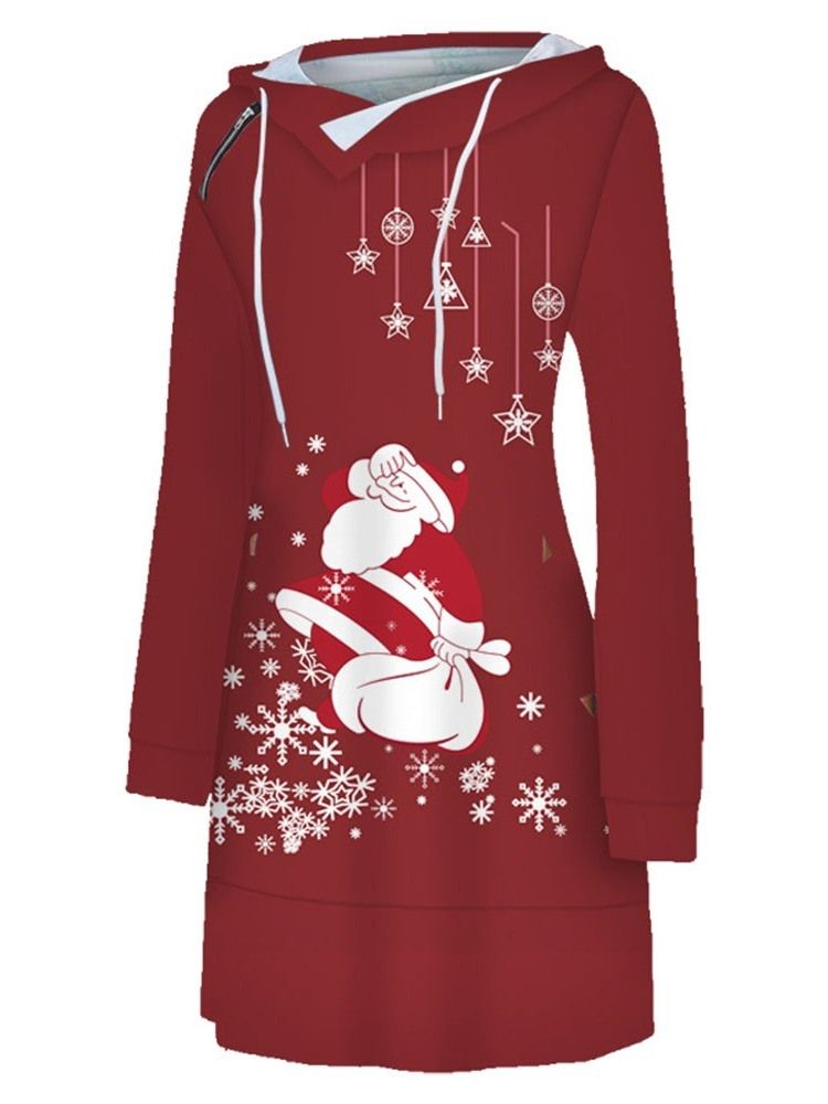 Vestido Feminino Com Estampa De Natal Acima Do Joelho Manga Comprida Em Linha A De Inverno