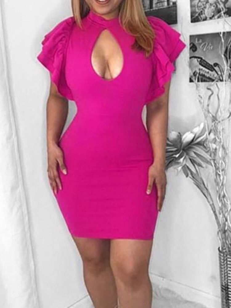 Vestido Feminino Com Gola Acima Do Joelho Manga Curta Lisa Bodycon