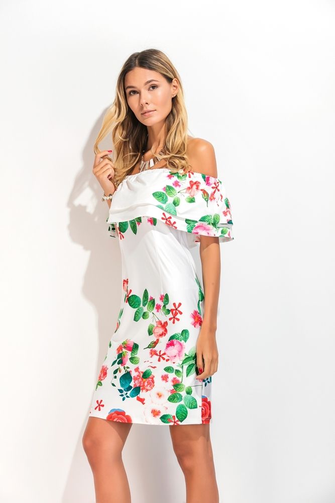 Vestido Feminino Com Impressão De Frescor E Ombro A Ombro