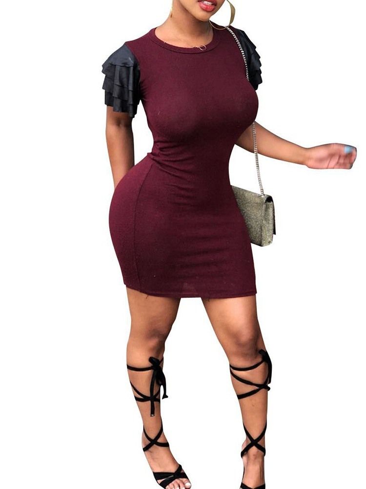 Vestido Feminino Com Manga Curta Falbala Bodycon Cor Block