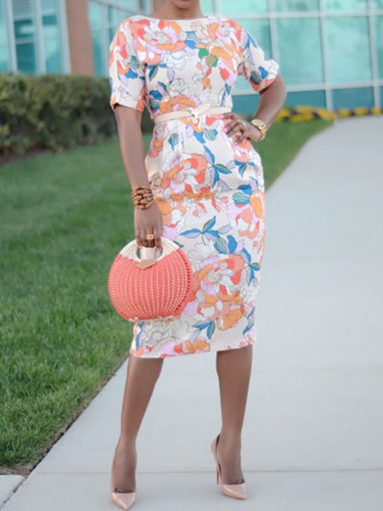 Vestido Feminino Estampado Em Volta Do Pescoço Na Altura Do Joelho Cintura Alta Vestido Ocidental