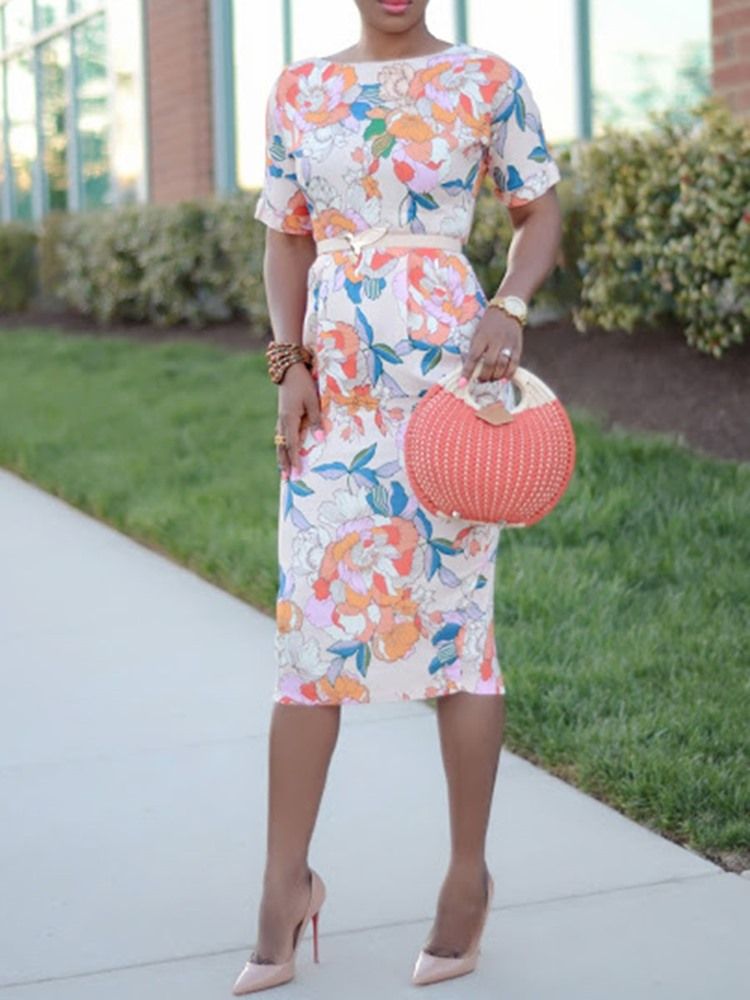 Vestido Feminino Estampado Em Volta Do Pescoço Na Altura Do Joelho Cintura Alta Vestido Ocidental