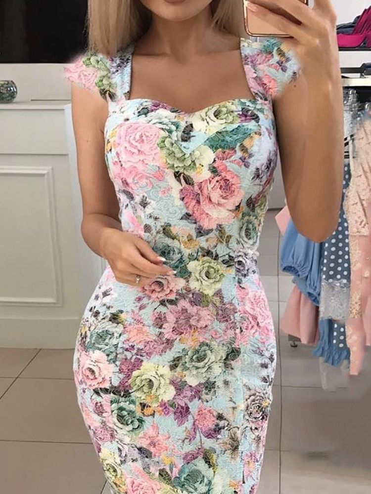 Vestido Feminino Estampado De Manga Curta Na Altura Do Joelho Floral De Verão