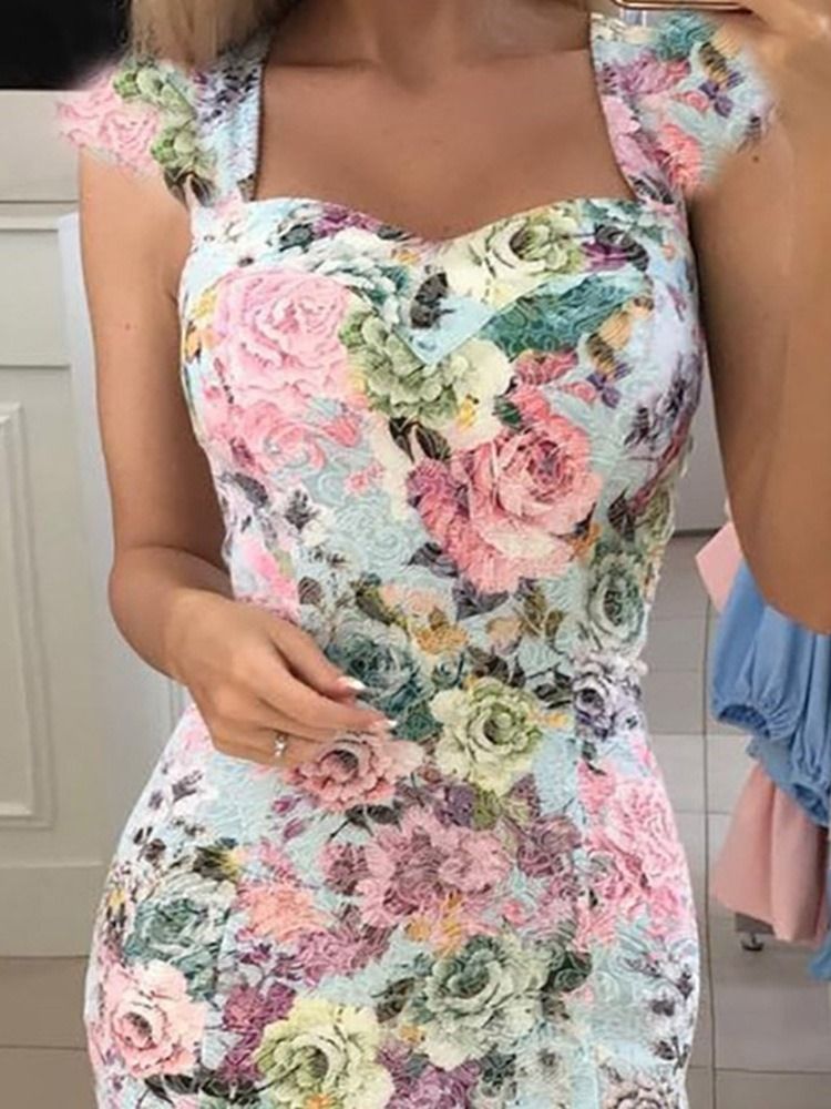 Vestido Feminino Estampado De Manga Curta Na Altura Do Joelho Floral De Verão