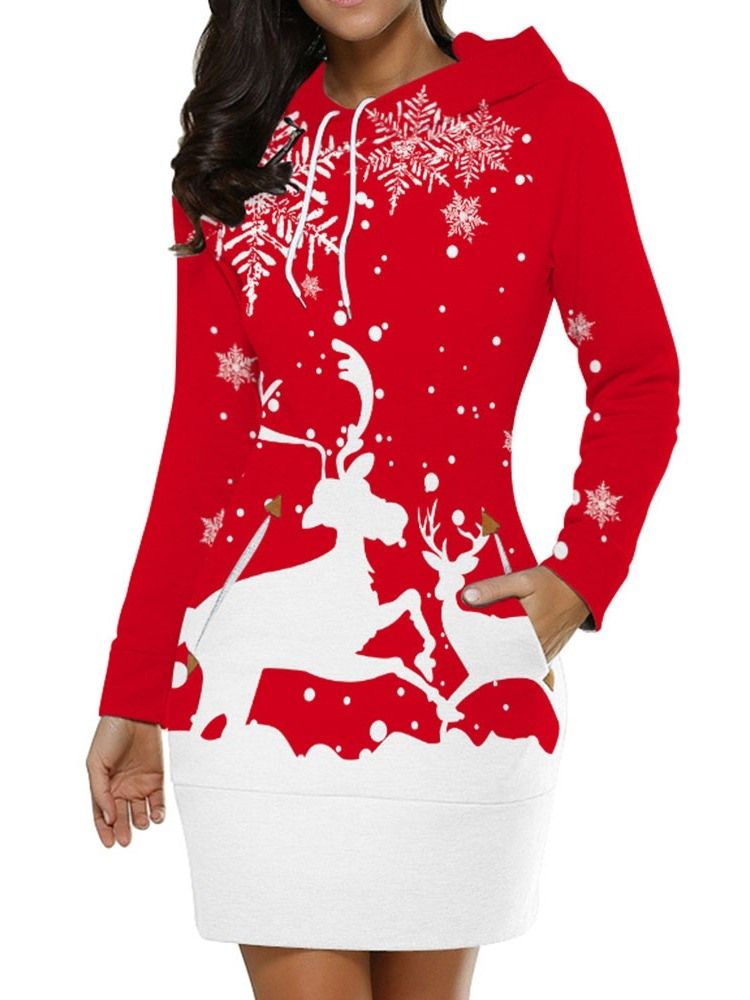 Vestido Feminino Estampado De Natal Acima Do Joelho Com Capuz Em Linha A