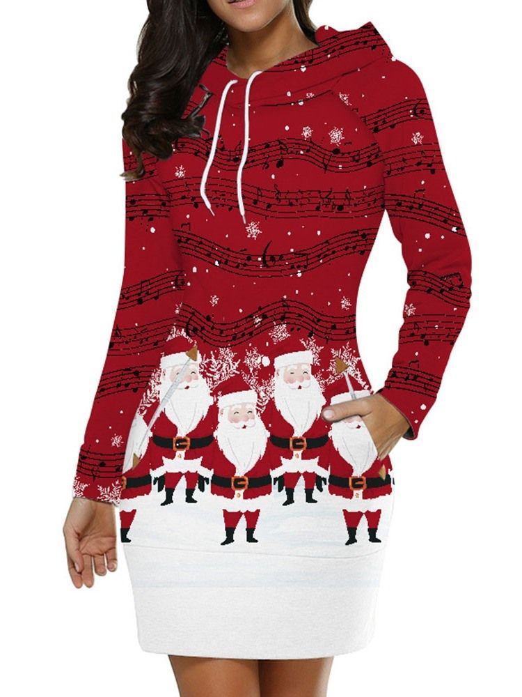 Vestido Feminino Estampado De Natal Acima Do Joelho Com Capuz Em Linha A