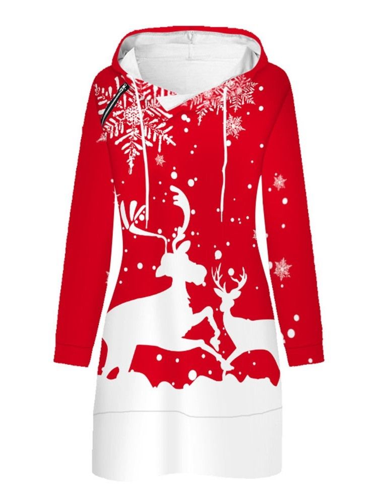 Vestido Feminino Estampado De Natal Acima Do Joelho Com Capuz Em Linha A