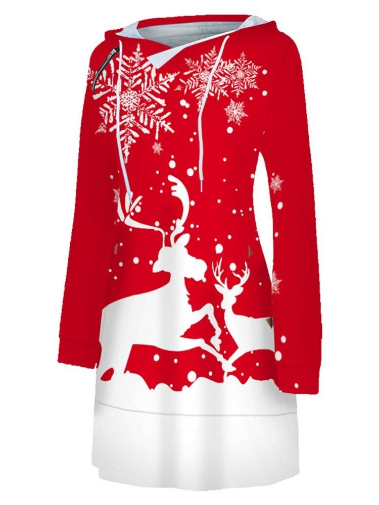 Vestido Feminino Estampado De Natal Acima Do Joelho Com Capuz Em Linha A