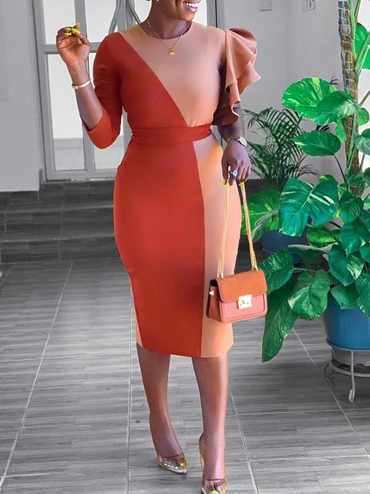 Vestido Feminino De Falbala Com Decote Redondo E Manga De Três Quartos Regular Bodycon