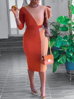 Vestido Feminino De Falbala Com Decote Redondo E Manga De Três Quartos Regular Bodycon