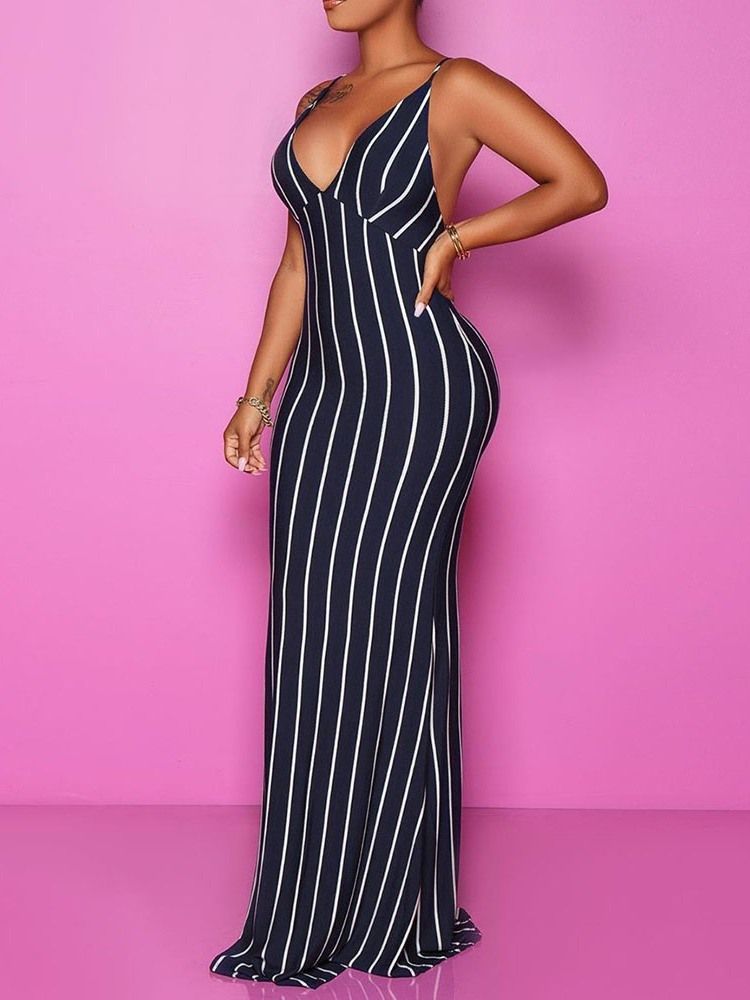 Vestido Feminino Listrado Bodycon Sem Mangas Até O Chão Sem Costas E Cintura Média