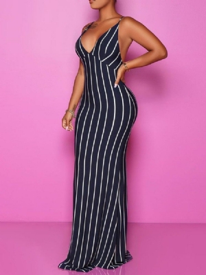 Vestido Feminino Listrado Bodycon Sem Mangas Até O Chão Sem Costas E Cintura Média