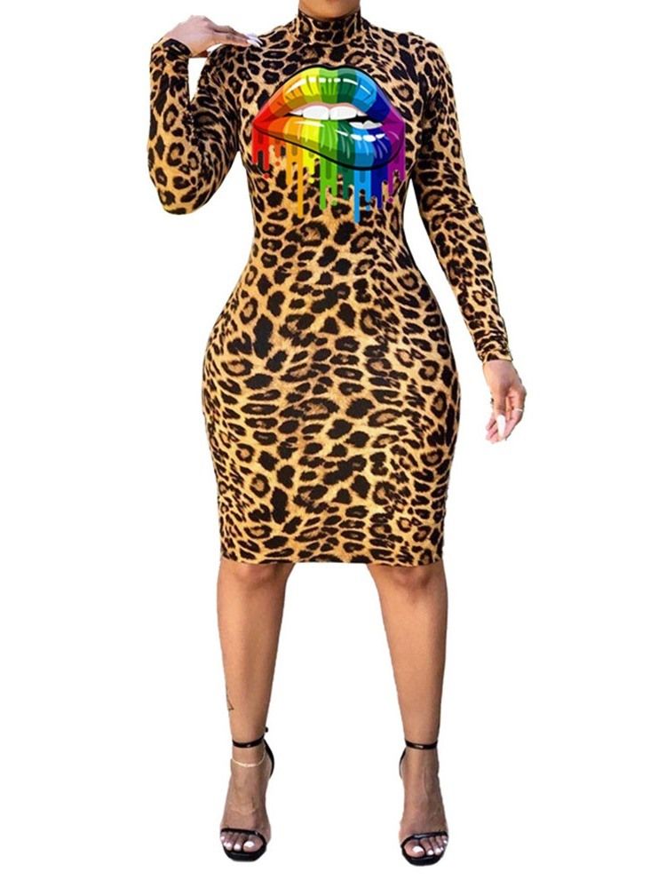 Vestido Feminino De Manga Comprida Com Estampa Na Altura Do Joelho Bodycon