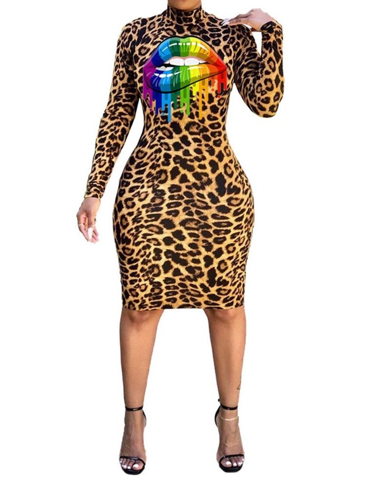 Vestido Feminino De Manga Comprida Com Estampa Na Altura Do Joelho Bodycon