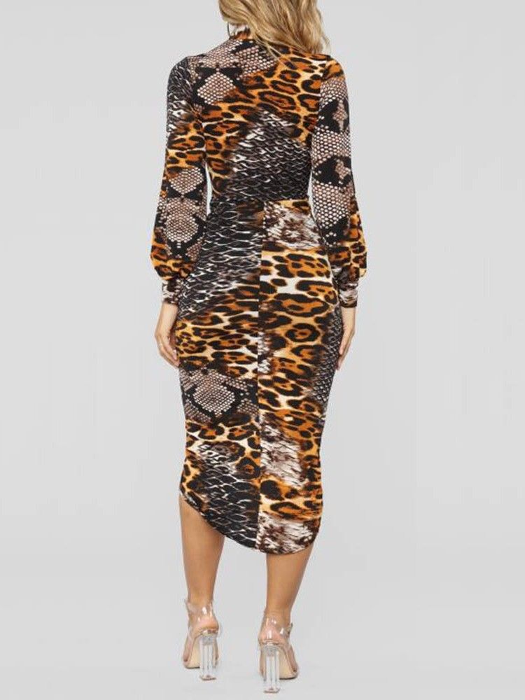 Vestido Feminino De Manga Comprida Estampado Com Decote Em V Bodycon Leopardo