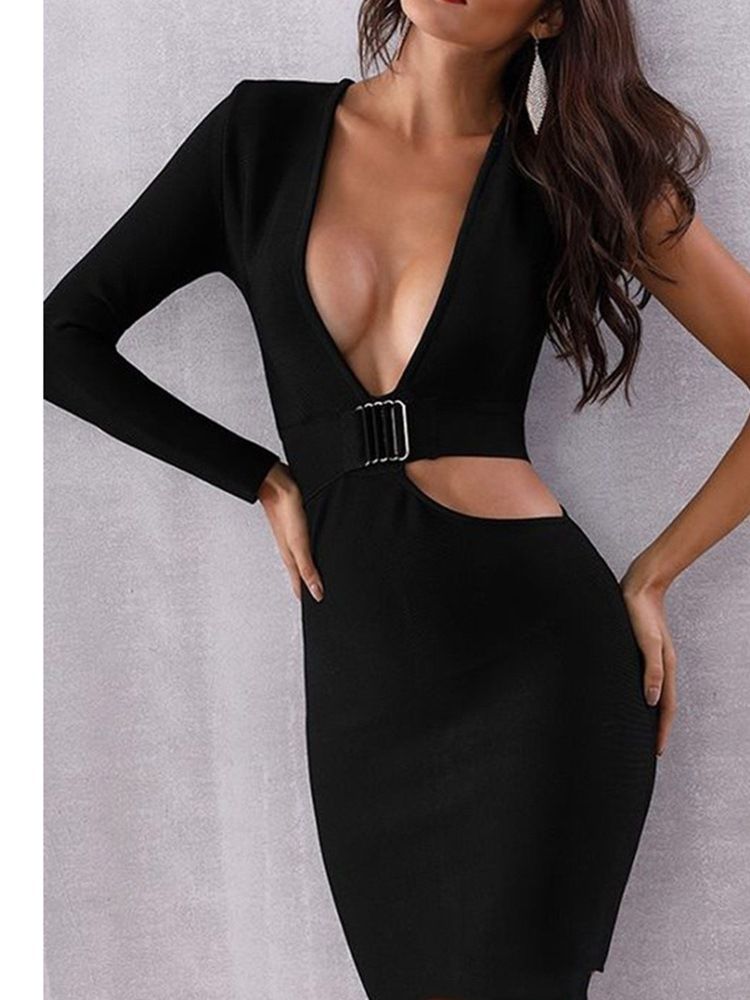 Vestido Feminino De Manga Comprida Oco Com Decote Em V Bodycon Sexy