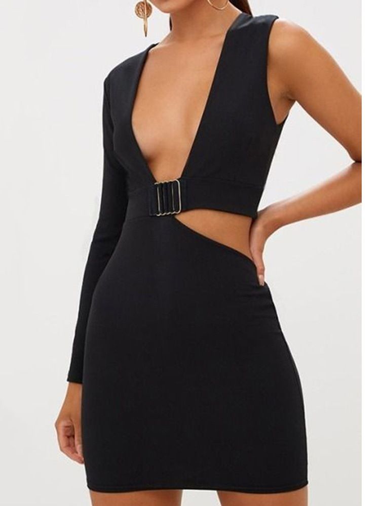 Vestido Feminino De Manga Comprida Oco Com Decote Em V Bodycon Sexy