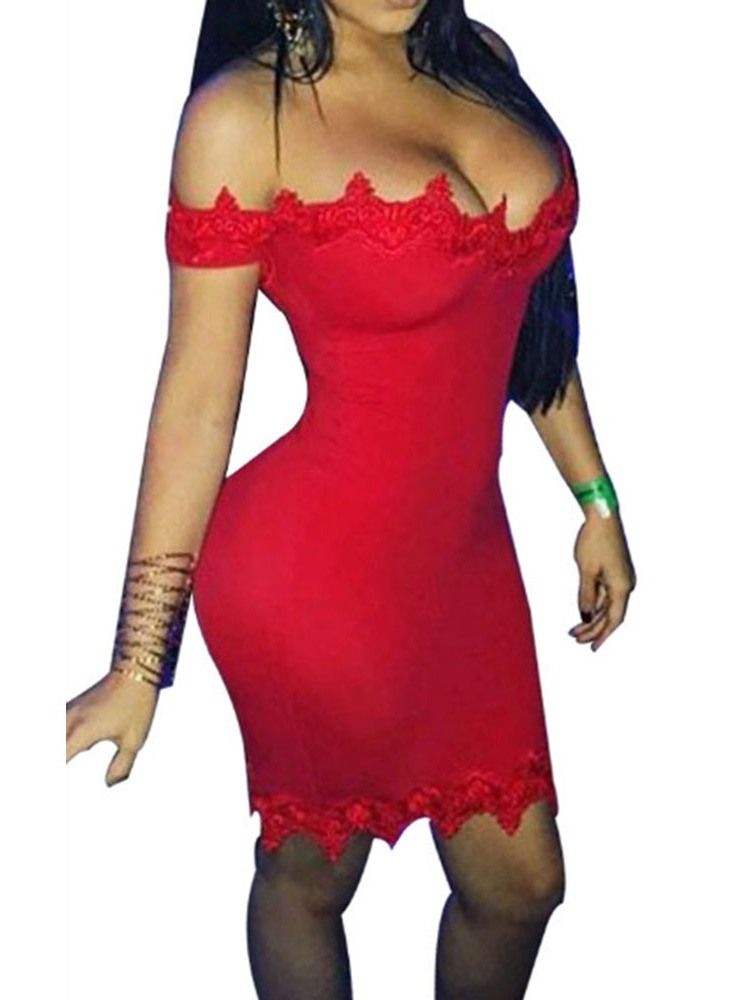 Vestido Feminino De Manga Curta Sem Ombro Em Renda Bodycon Pulôver