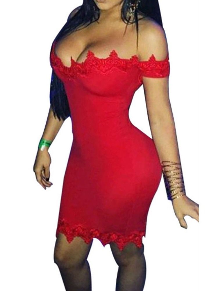 Vestido Feminino De Manga Curta Sem Ombro Em Renda Bodycon Pulôver