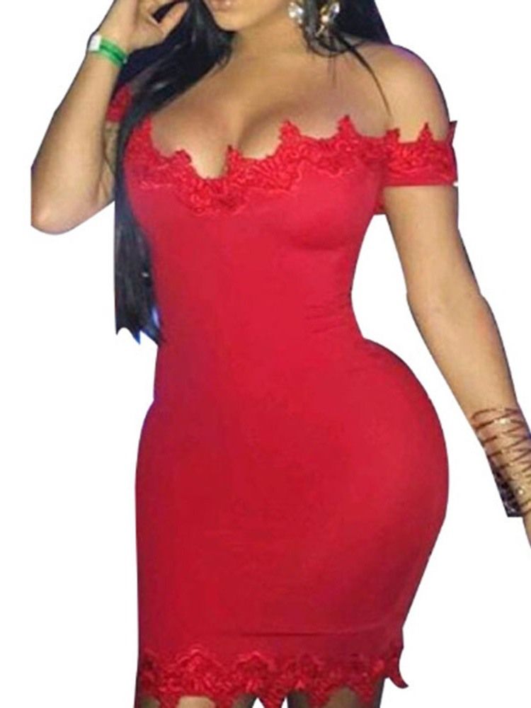 Vestido Feminino De Manga Curta Sem Ombro Em Renda Bodycon Pulôver