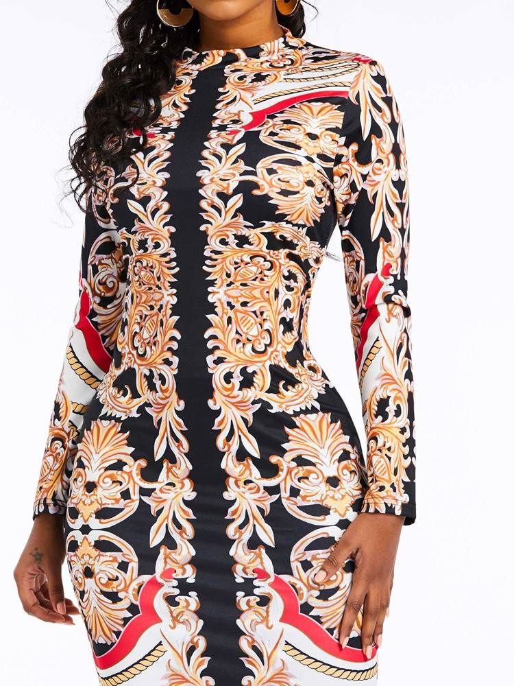 Vestido Feminino Na Altura Do Joelho Com Estampa De Manga Comprida Bodycon Cintura Alta