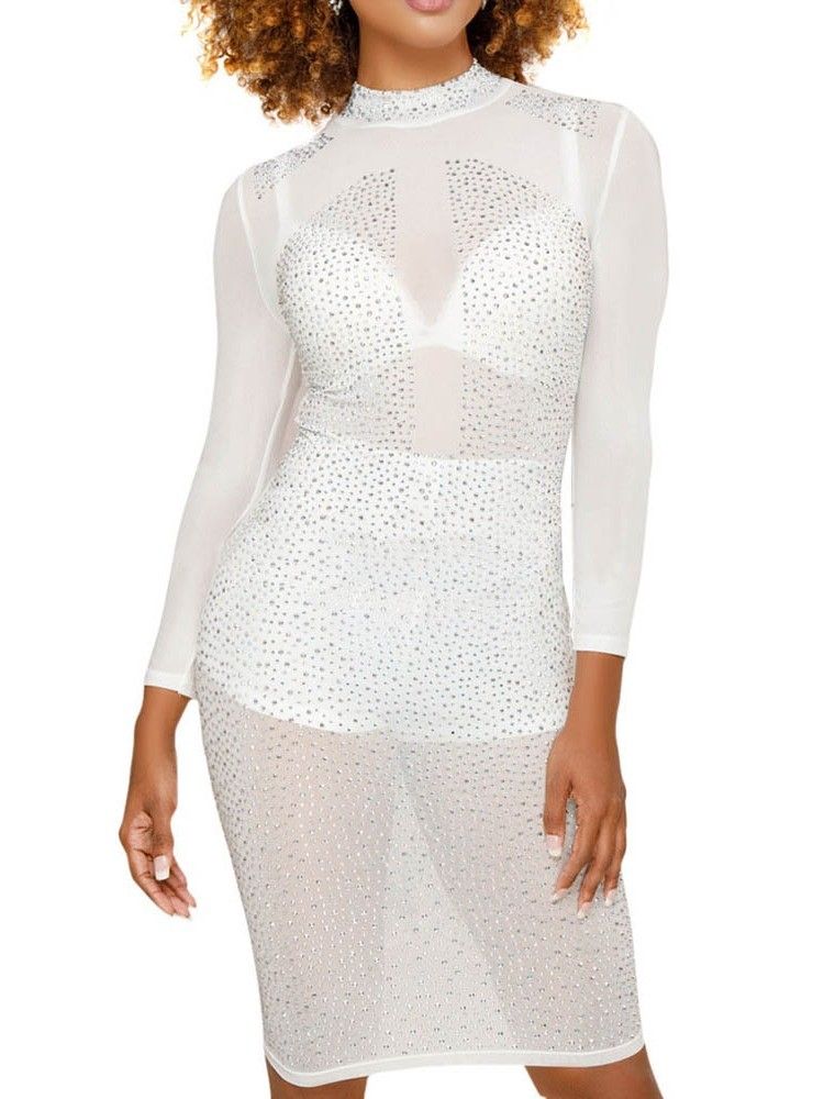 Vestido Feminino De Nove Pontos Com Manga Transparente Acima Do Joelho Bodycon