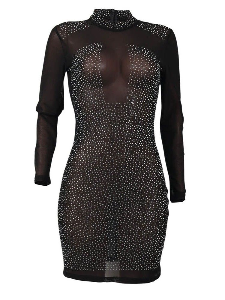 Vestido Feminino De Nove Pontos Com Manga Transparente Acima Do Joelho Bodycon